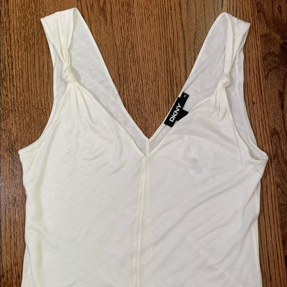 NWT $98 DKNY Chalk White Knotted Summer Blouse/Top Deep V-Neckline - Sz. S, M, L